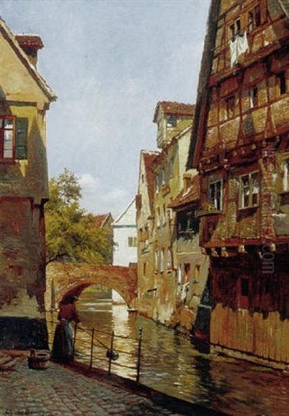 Tysk Bymotiv Med Kvinde Der Henter Vand I En Kanal Oil Painting by August Fischer