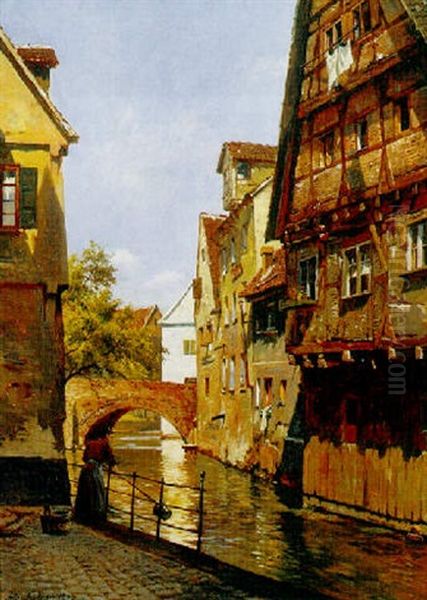 Tysk Bymotiv Med Kvinde Der Henter Vand I En Kanal Oil Painting by August Fischer