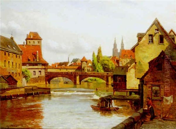 A Washerwoman By A River In A Continental Town Oil Painting by August Fischer