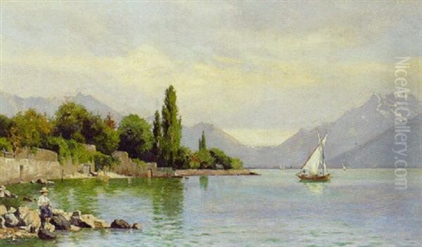 Parti Fra Lac Leman Med Lille Dreng Der Fisker Oil Painting by August Fischer