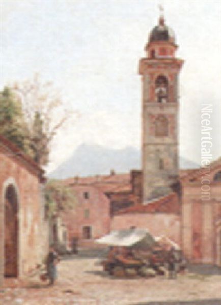 By The Bell-tower In Lugano Oil Painting by August Fischer