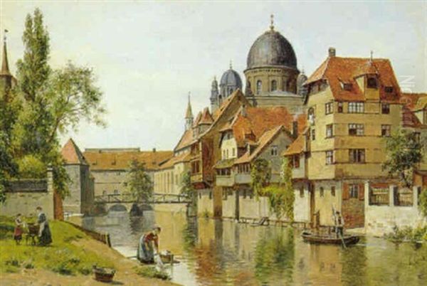 Parti Fra Nurnberg, Kvinderne Vasker Toj Ved Floden Oil Painting by August Fischer