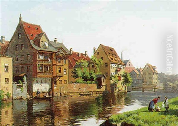 Sydtysk By Med Flodlob Og To Piger Med Deres Vasketoj Oil Painting by August Fischer