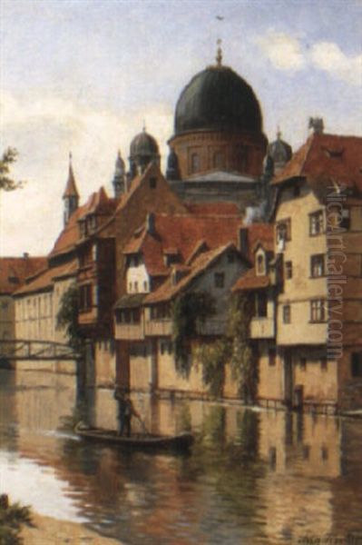 View Of The Pegnitz, Nuremberg Oil Painting by August Fischer