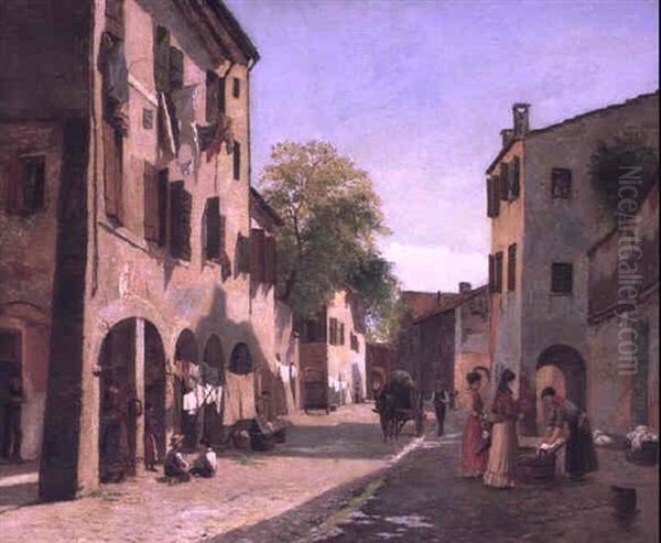 Italiensk Gadeparti Med Figurer Oil Painting by August Fischer