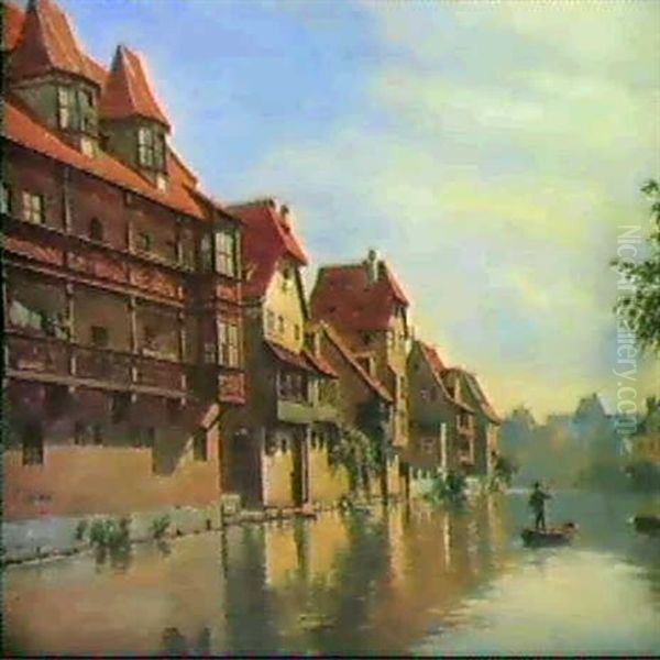 Nurnberg-hausergruppe An Der Pegnitz, Gegenuber Der Insel   Schutt Oil Painting by August Fischer