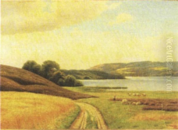 Dansk Sommerlandskab Fra Egnen Omkring Himmelbjerget, Med Hyrdedreng Og Far Pa Marken Oil Painting by Edmund Fischer