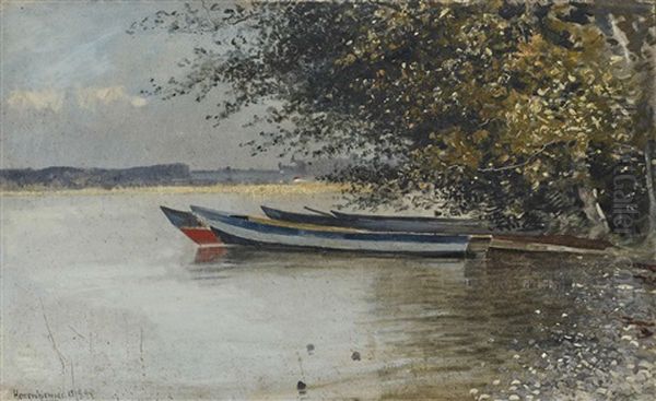 Chiemsee Boats On The Shore Of The Herreninsel (chiemsee) Oil Painting by Eduard Fischer