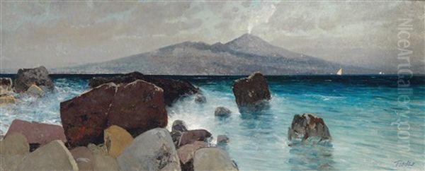 Coast, Vesuvius In The Background Oil Painting by Eduard Fischer