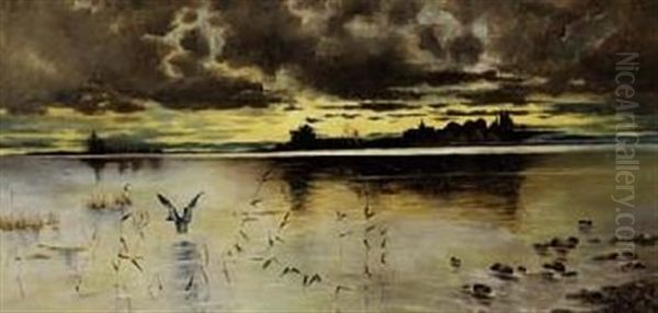 Abendliche Gewitterstimmung An Einem See Oil Painting by Eduard Fischer