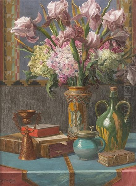 Flower Still Life With Books And Vessels Oil Painting by Ernst Albert Fischer