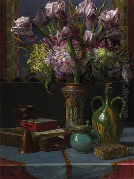 Stilleben Mit Einem Arrangement Aus Buchern, Krugen, Einer Messingschale Sowie Einer Porzellanvase Mit Blumenstraus Auf Einem Tisch Oil Painting by Ernst Albert Fischer