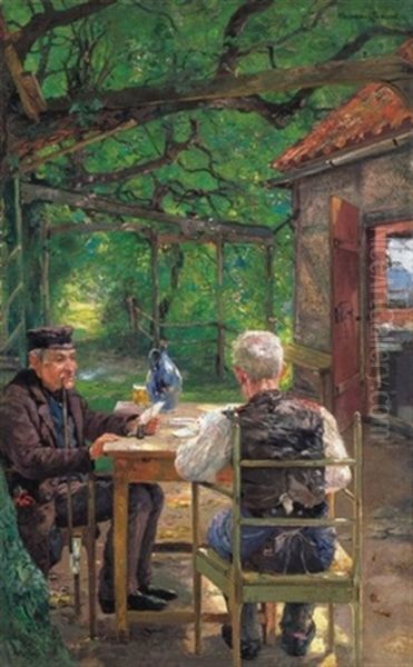 Lugasban Kartyazok (card Players In The Arbour) Oil Painting by Ernst Albert Fischer