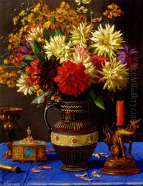 Stilleben Mit Grosem Herbstlichem Blumenstraus, Chinesischem Leuchter, Augsburger Silberhumpen Und Spieldose Oil Painting by Ernst Albert Fischer