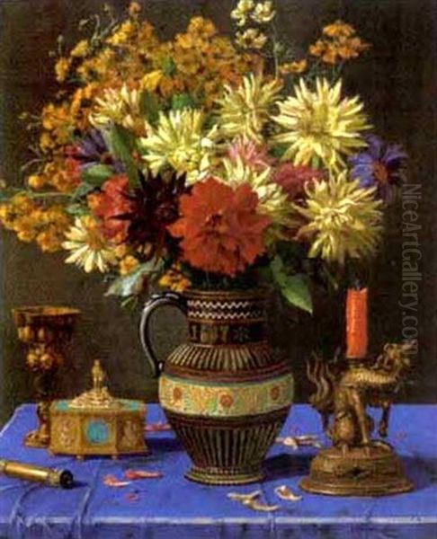 Groser Bunter Blumenstraus In Keramikvase Auf Blau Gedecktem Tisch Oil Painting by Ernst Albert Fischer