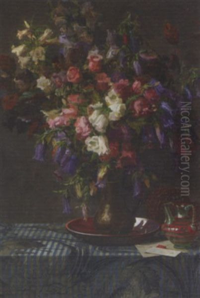 Bellflowers In A Jug Oil Painting by Ernst Albert Fischer