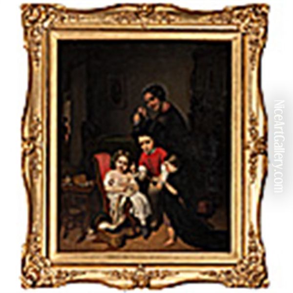 Family Scene Oil Painting by Ernst Georg Fischer