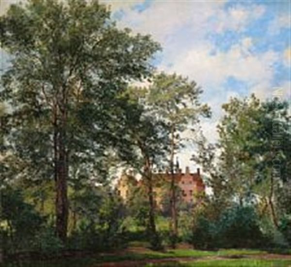 Skovsbo Manor On Funen Seen Through The Trees Oil Painting by Hans Christian Fischer