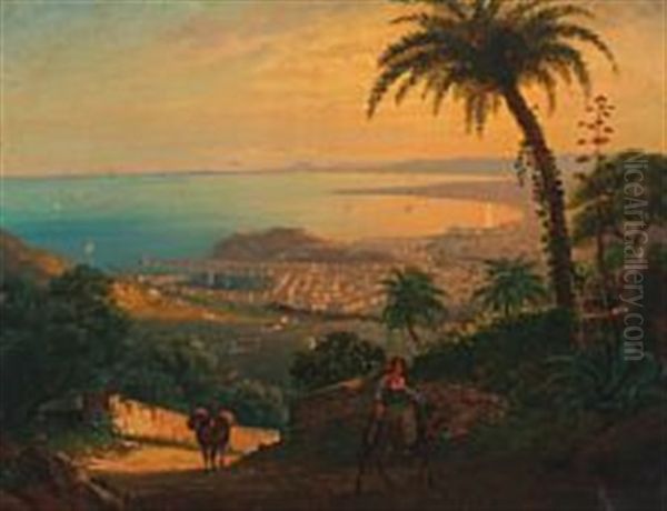 View Of The Gulf Of Naples, In The Foreground An Italien Lady Riding A Donkey Oil Painting by Hans Christian Fischer