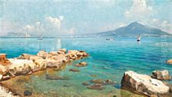 Gulf Of Naples And Vesuvius Oil Painting by Hans Christian Fischer