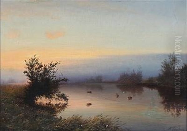 Sunset Over A Forest Lake Oil Painting by Hans Christian Fischer