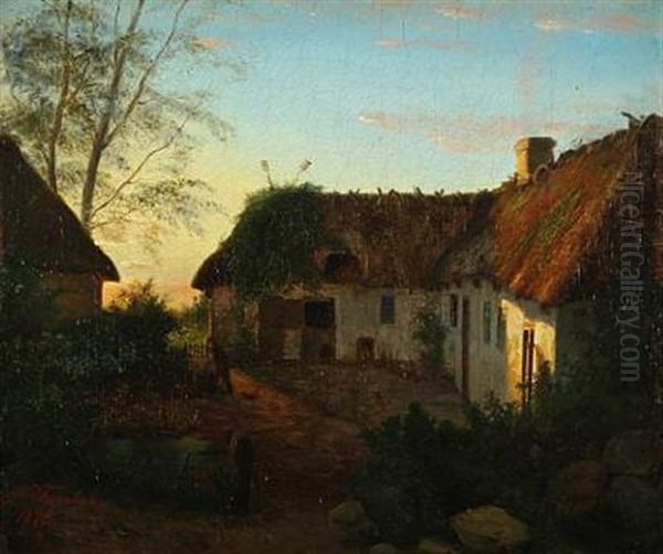 A Thatched Farm At Sunrise Oil Painting by Hans Christian Fischer