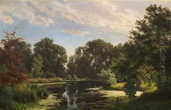 Sommerlandskab Med En Stork Ved Soens Bred Oil Painting by Hans Christian Fischer