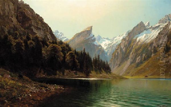 An Alpine Lake Landscape Oil Painting by Hans Christian Fischer