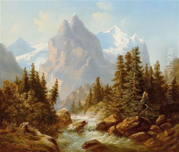 Wetterhorn With The Jungfrau Massif And The Upper Course Of The Lutschine Oil Painting by Heinrich Fischer