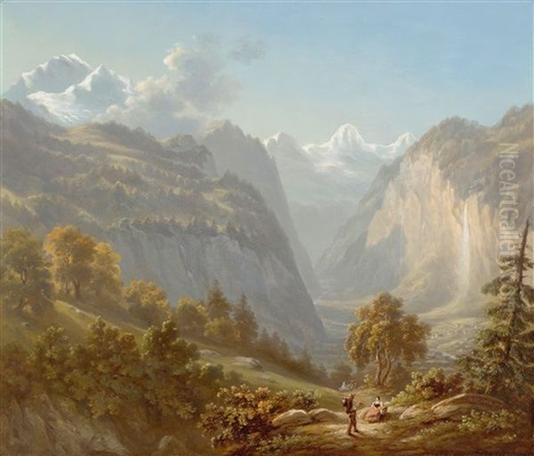 Lauterbrunnen Valley With Staubach And The Jungfrau Massif Oil Painting by Heinrich Fischer