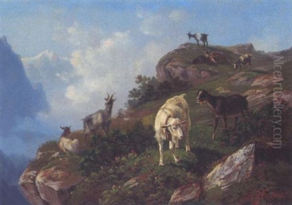 Ziegen Im Hochgebirge Oil Painting by Heinrich Fischer