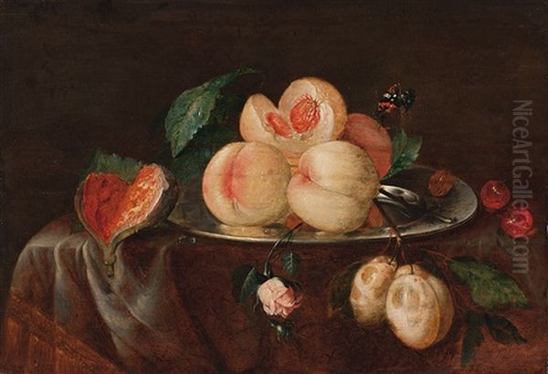 Stillleben Mit Zinnteller, Fruchten, Rosenzweig Und Schmetterling Oil Painting by Joseph Fischer