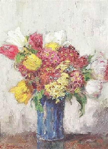 Blumenstilleben Mit Tulpen In Einer Blauen Vase Oil Painting by Karl von Fischer