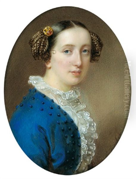 Bildnis Einer Jungen Frau In Blauem Kleid Und Mit Zopfchenfrisur Oil Painting by Leopold Fischer