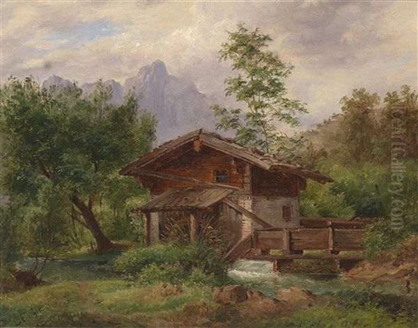 Alte Muhle Bei Werfen Mit Blick Auf Die Torsaule Und Mandlwand Im Hochkonigsgebiet Oil Painting by Ludwig Hans Fischer