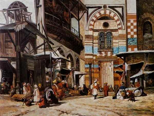 Figures In An Arab Streetmarket Oil Painting by Ludwig Hans Fischer