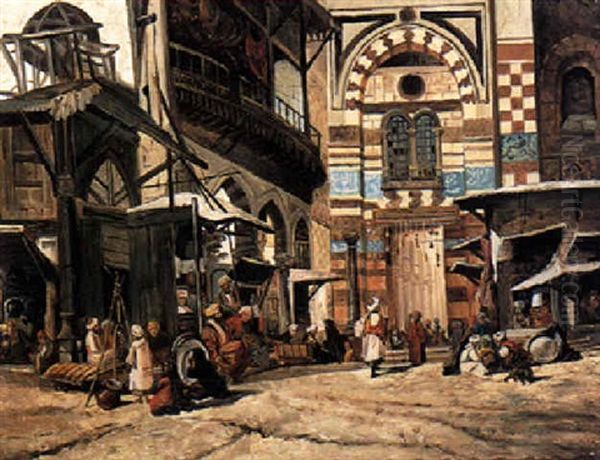 Figures In An Arab Street Market Oil Painting by Ludwig Hans Fischer