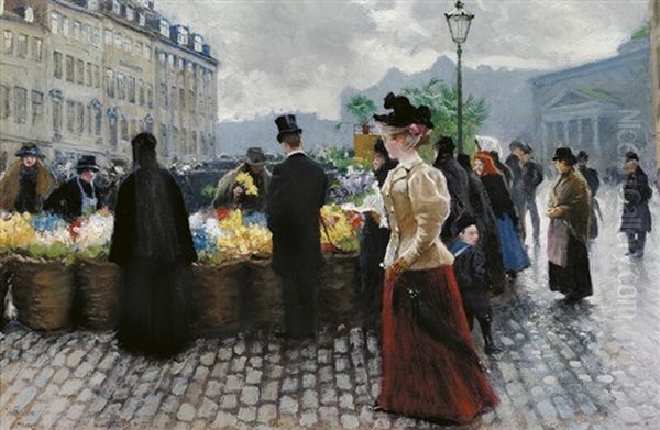 A Gentleman Is Buying Flowers At Hojbro Plads Oil Painting by Paul Fischer