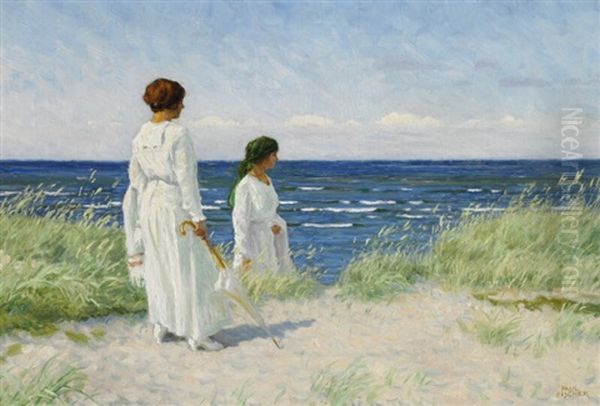 Two Young Women In Light Summer Dresses On Hornbaek Beach Oil Painting by Paul Fischer