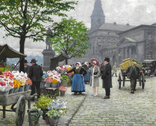 An Elegant Couple Buy Flowers At Hojbro Plads Oil Painting by Paul Fischer