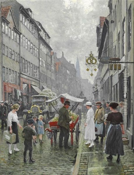 Street Life In Borgergade In Copenhagen With A Man Selling Apples From A Red Cart Oil Painting by Paul Fischer