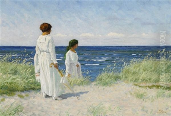 Two Young Women In Light Summer Dresses On Hornbaek Beach Oil Painting by Paul Fischer