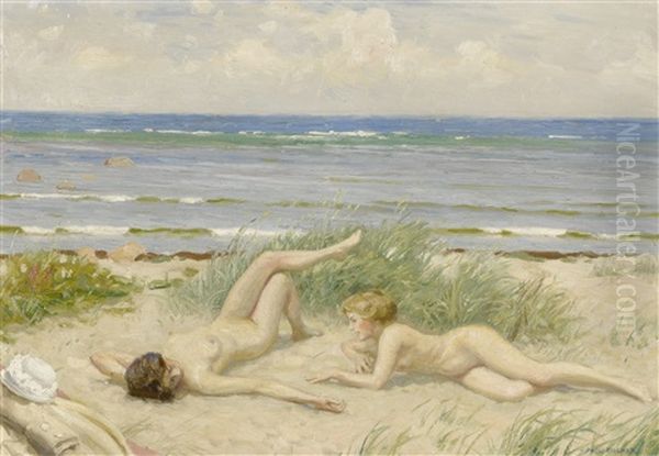 Girls On The Beach, Bastad Oil Painting by Paul Fischer