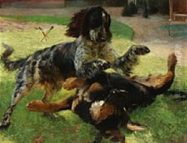 Two Dogs Playing Oil Painting by Vilhelm Theodor Fischer