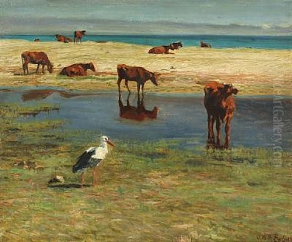 Heifers And Stork On Wet Meadow Oil Painting by Vilhelm Theodor Fischer