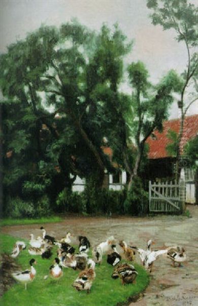 Geflugelschar Im Hof Eines Malerischen Anwesens An Einem Sommertag Oil Painting by Vilhelm Theodor Fischer