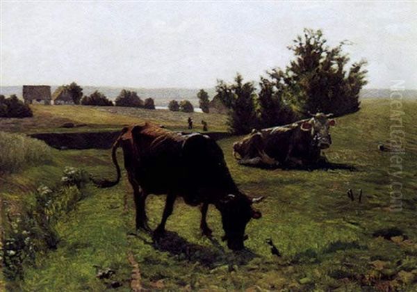 Graessende Koer Pa Engen Oil Painting by Vilhelm Theodor Fischer