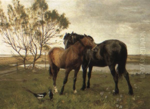 Horses In A Meadow Oil Painting by Vilhelm Theodor Fischer