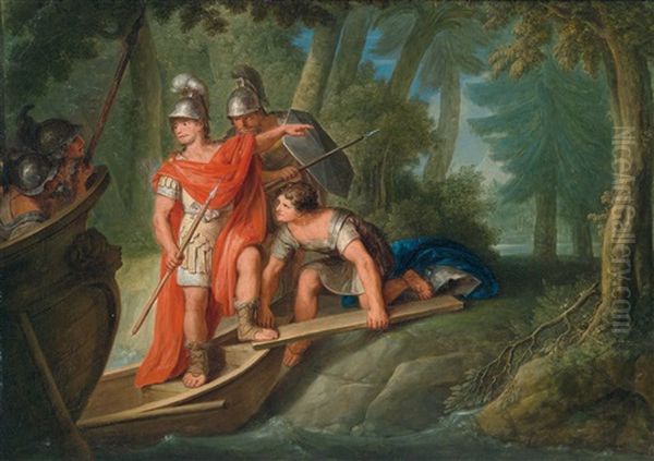 Szene Aus Tassos Rinaldo Und Armida. Carlo Und Ubaldo Schiffen Sich Ein, Um Rinaldo Zu Uberreden, Armida Zu Verlassen Oil Painting by Vinzenz Fischer