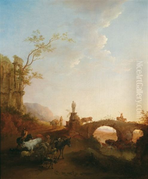 Flusslandschaft Mit Steinerner Bogenbrucke, Antiken Ruinen Und Einem Hirten Mit Herde Oil Painting by Vinzenz Fischer